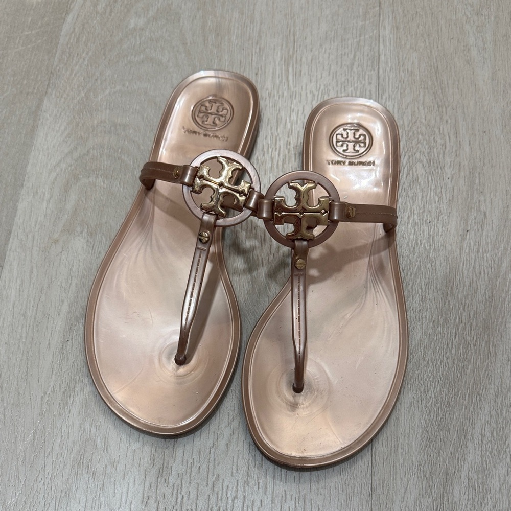 Tory Burch Tan Jelly Sandals with Logo Accent